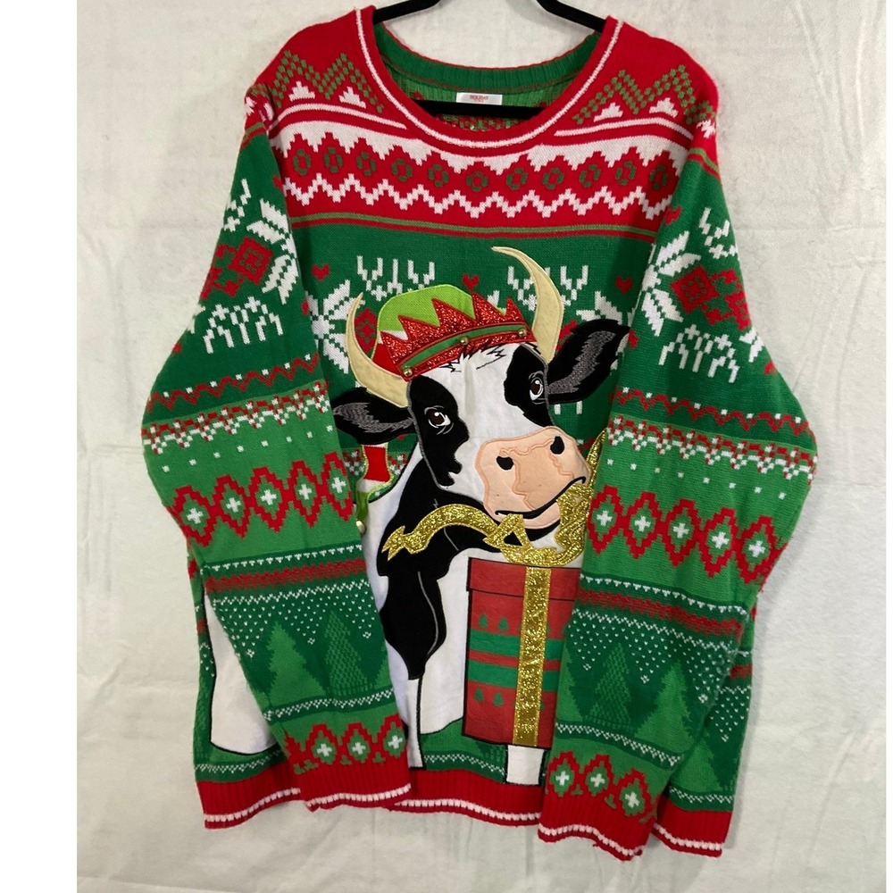 Holiday Time Christmas Sweater Mens 3XL Green Cow Elf Graphic Ugly Fair Isle